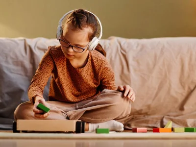 autistic girl wearing headphones while playing blocks
