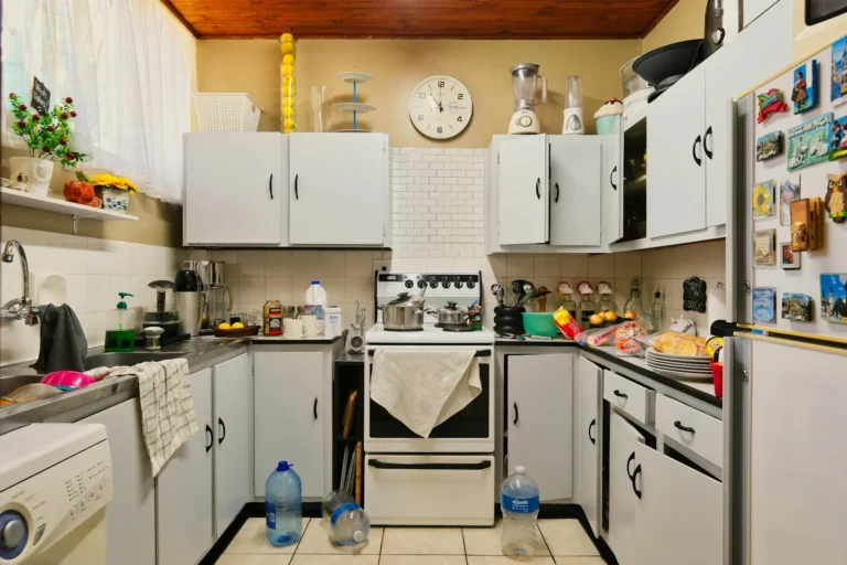 A disorganized kitchen with mess and cluttered items.