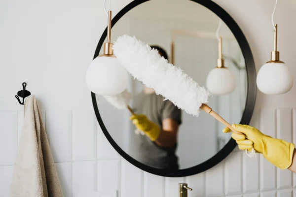 Cleaning the bathroom mirror with a fluffy brush