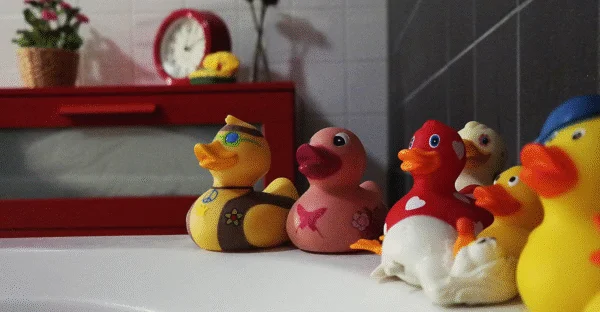 A set of colorful bath toys for newborns